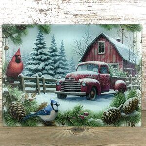 Rustic Red Truck Winter Birds Glass Cutting Board